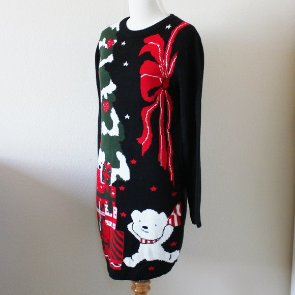 Womens Ugly Xmas Christmas Tree w/ Polar Bears Holiday Sweater Tunic Dress Small - Picture 4 of 7